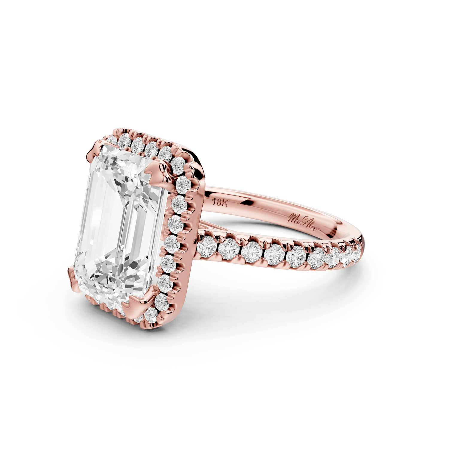 Marcella - 4ct 14k rose gold emerald halo double talon prong cathedral pavé engagament ring - Mr. Alex Jewelry