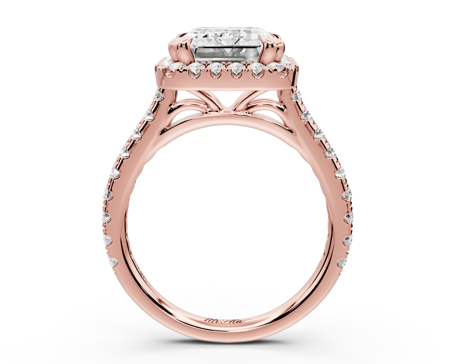 Marcella - 4ct 14k rose gold emerald halo double talon prong cathedral pavé engagament ring - Mr. Alex Jewelry