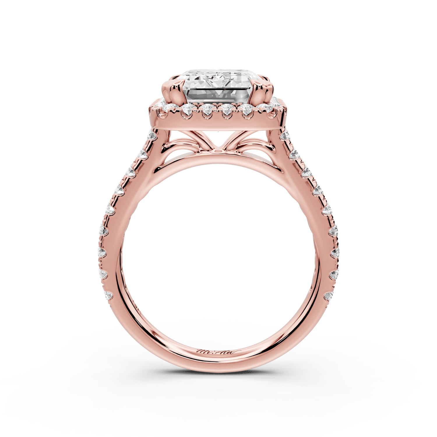 Marcella - 4ct 14k rose gold emerald halo double talon prong cathedral pavé engagament ring - Mr. Alex Jewelry