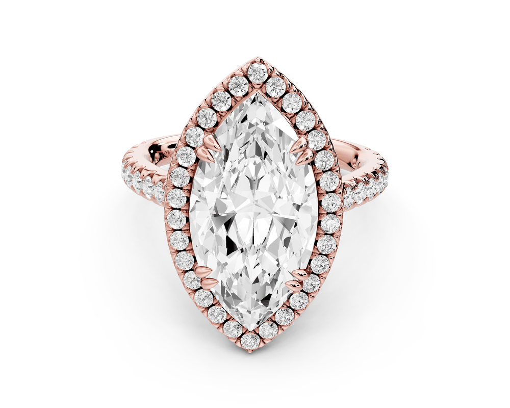 Marcella - 4ct 14k rose gold marquise halo double talon prong cathedral pavé engagement ring - Mr. Alex Jewelry