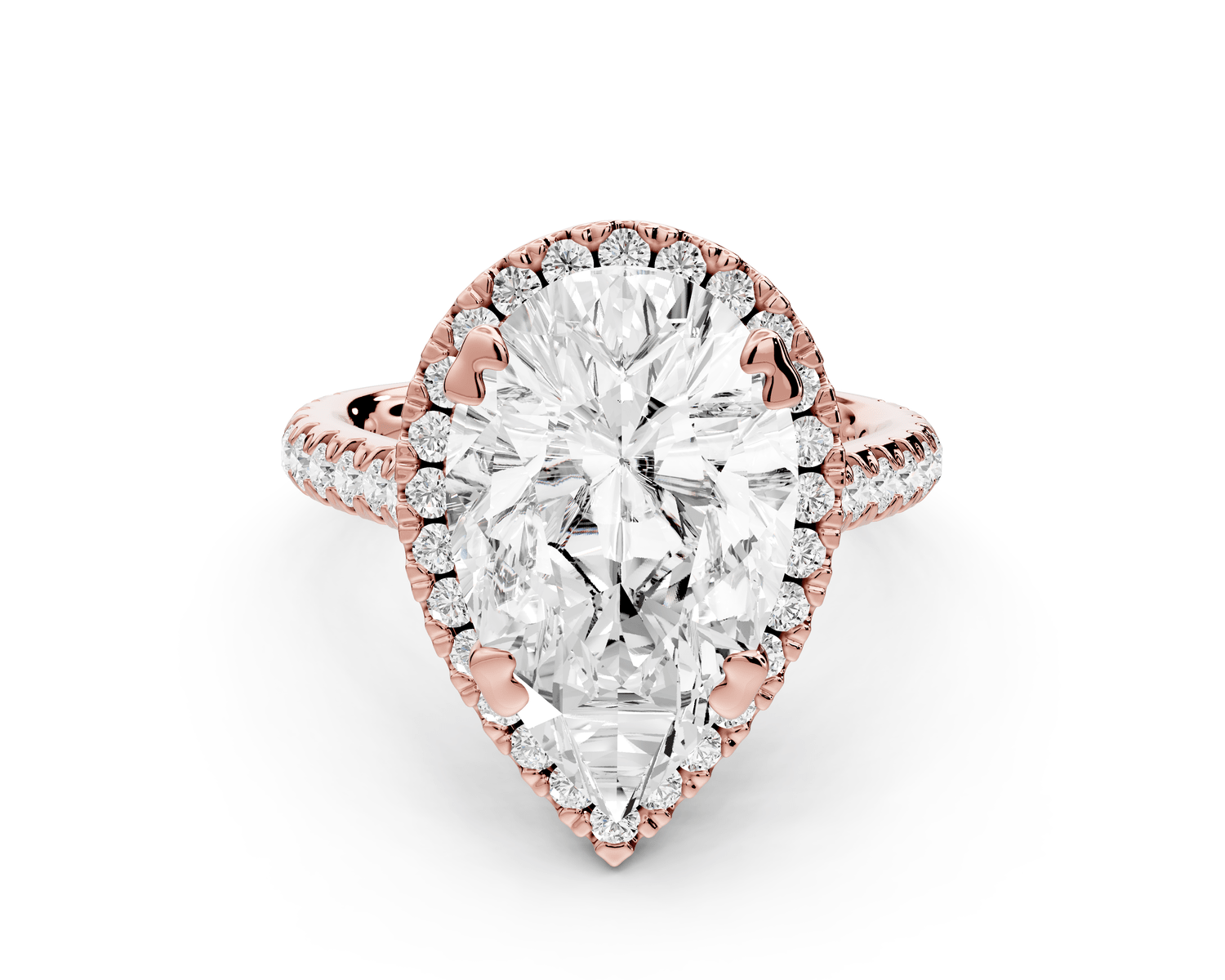 Marcella - 4ct 14k rose gold pear halo double talon prong cathedral pavé engagament ring - Mr. Alex Jewelry