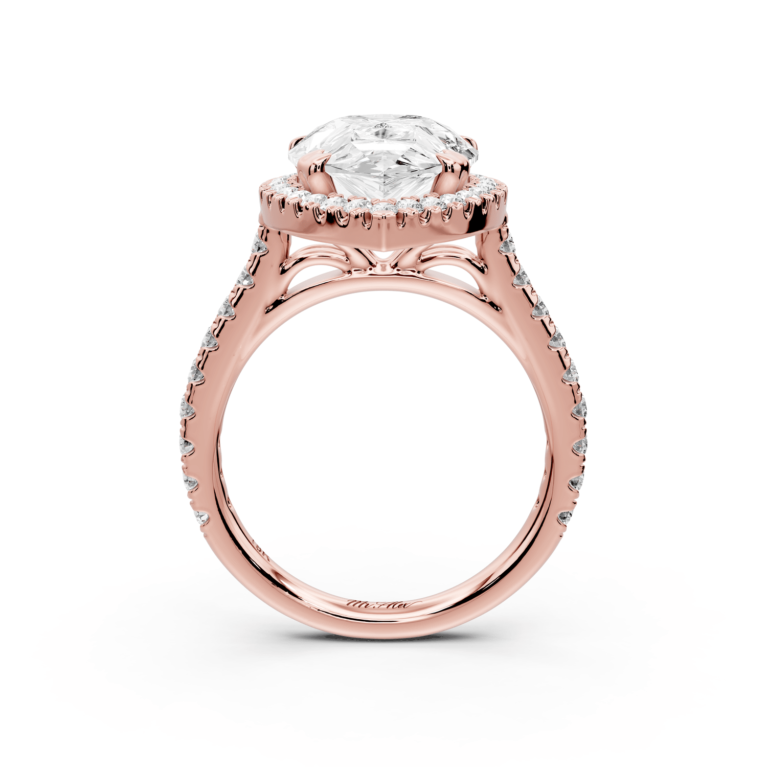 Marcella - 4ct 14k rose gold pear halo double talon prong cathedral pavé engagament ring - Mr. Alex Jewelry