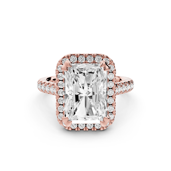 Marcella - 4ct 14k rose gold radiant halo double talon prong cathedral pavé engagement ring - Mr. Alex Jewelry