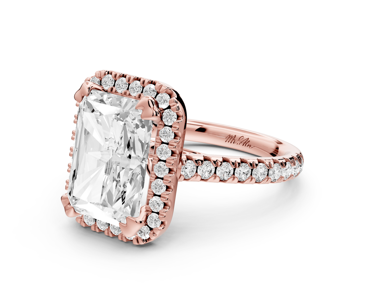 Marcella - 4ct 14k rose gold radiant halo double talon prong cathedral pavé engagement ring - Mr. Alex Jewelry