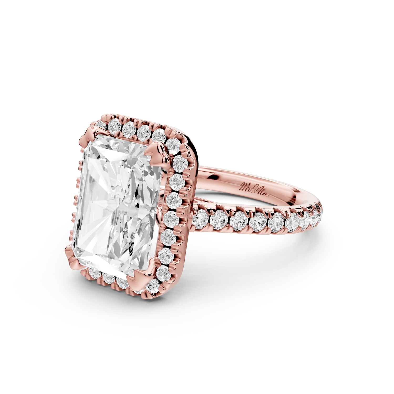 Marcella - 4ct 14k rose gold radiant halo double talon prong cathedral pavé engagement ring - Mr. Alex Jewelry
