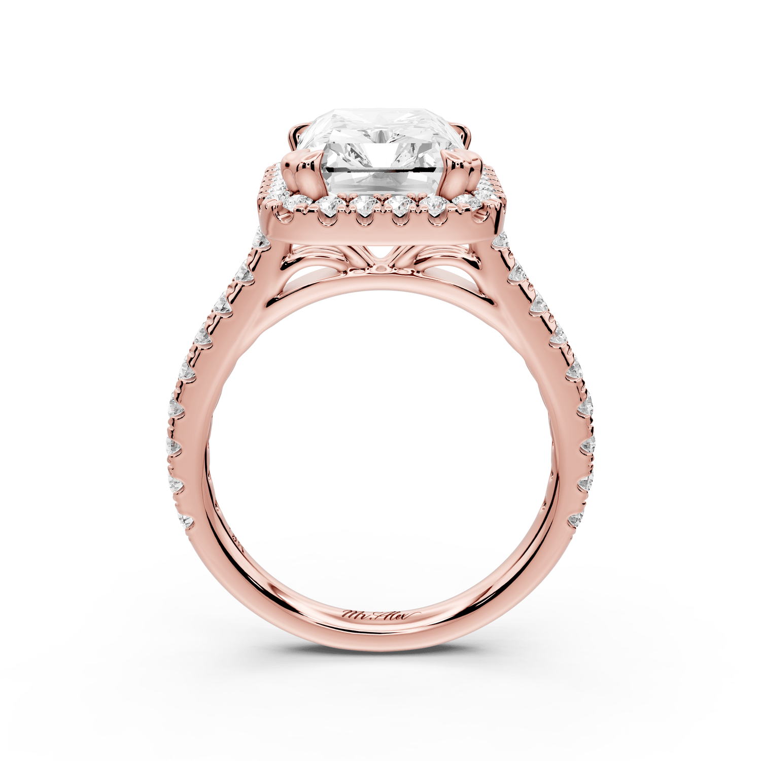 Marcella - 4ct 14k rose gold radiant halo double talon prong cathedral pavé engagement ring - Mr. Alex Jewelry