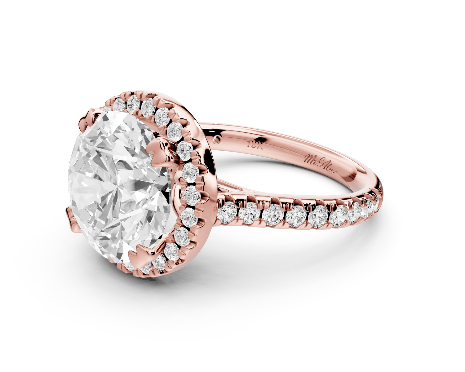 Marcella - 4ct 14k rose gold round halo double talon prong cathedral pavé engagement ring - Mr. Alex Jewelry