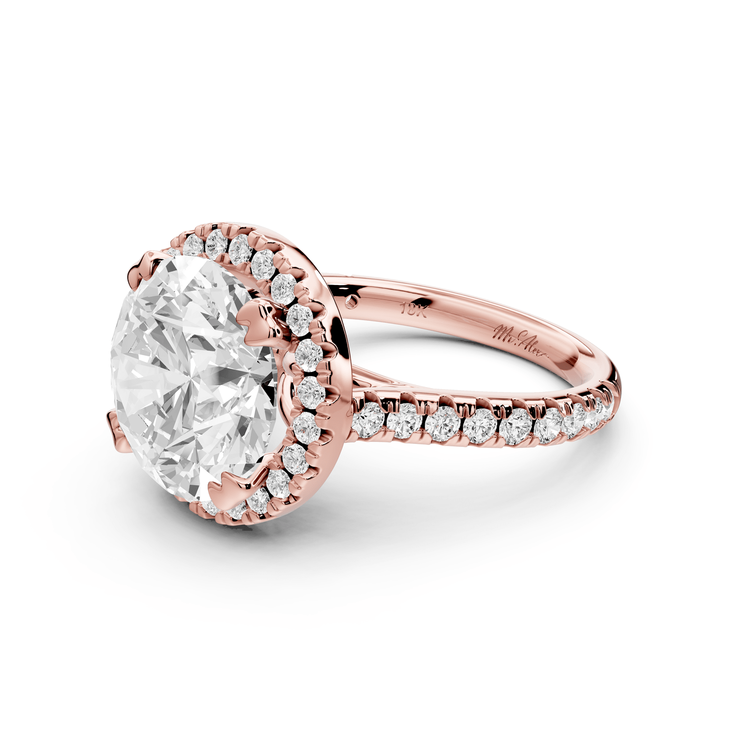 Marcella - 4ct 14k rose gold round halo double talon prong cathedral pavé engagement ring - Mr. Alex Jewelry