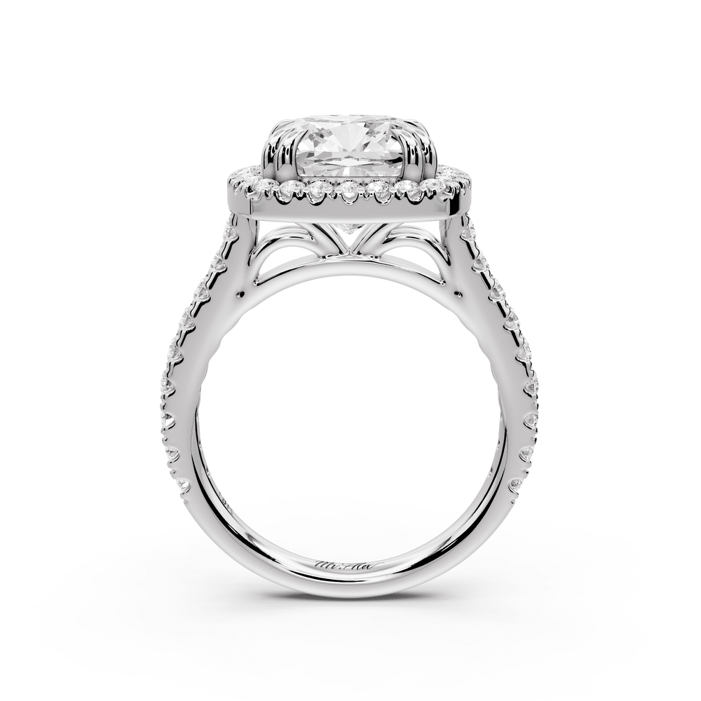 Marcella - 4ct 14k white gold cushion halo double talon prong cathedral pavé engagement ring - Mr. Alex Jewelry