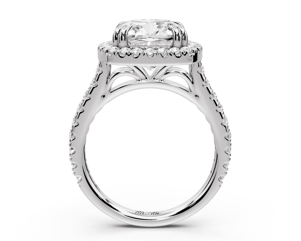 Marcella - 4ct 14k white gold cushion halo double talon prong cathedral pavé engagement ring - Mr. Alex Jewelry