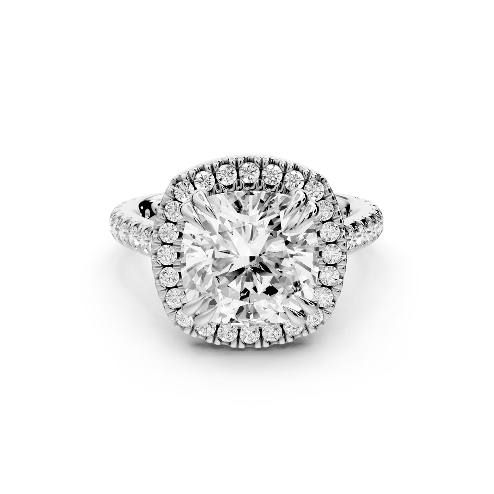 Marcella - 4ct 14k white gold cushion halo double talon prong cathedral pavé engagement ring - Mr. Alex Jewelry
