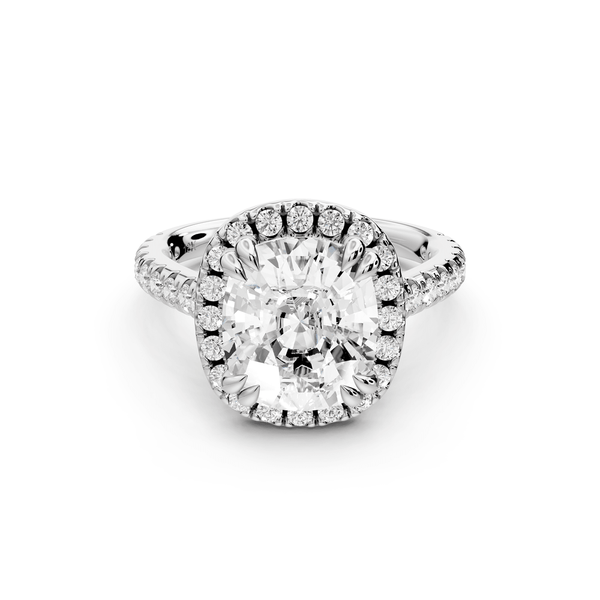 Marcella - 4ct 14k white gold ecushion halo double talon prong cathedral pavé engagement ring - Mr. Alex Jewelry