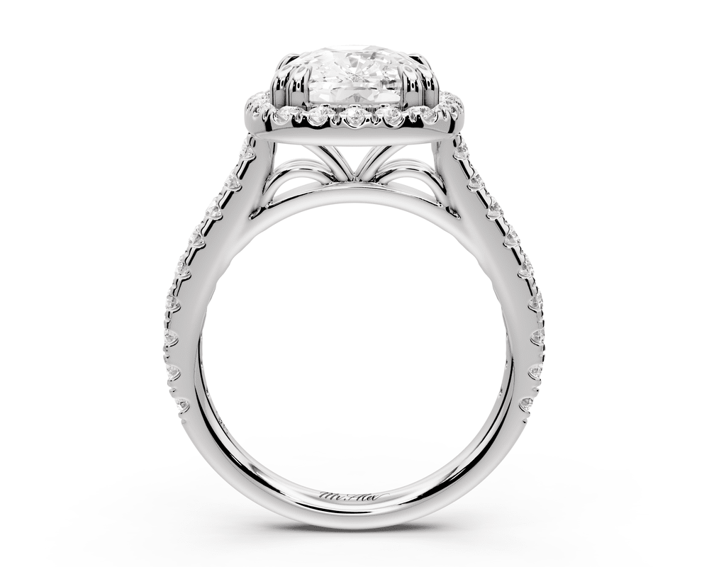 Marcella - 4ct 14k white gold ecushion halo double talon prong cathedral pavé engagement ring - Mr. Alex Jewelry