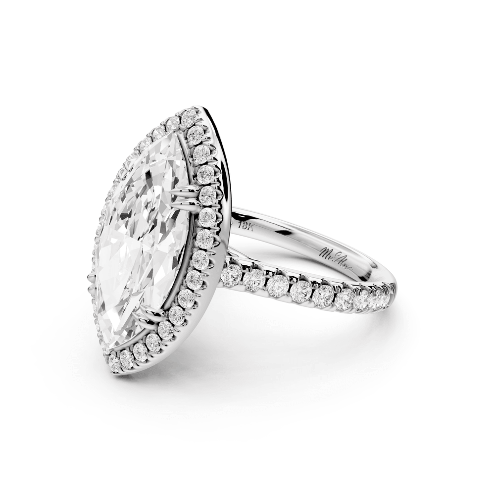 Marcella - 4ct 14k white gold marquise halo double talon prong cathedral pavé engagement ring - Mr. Alex Jewelry