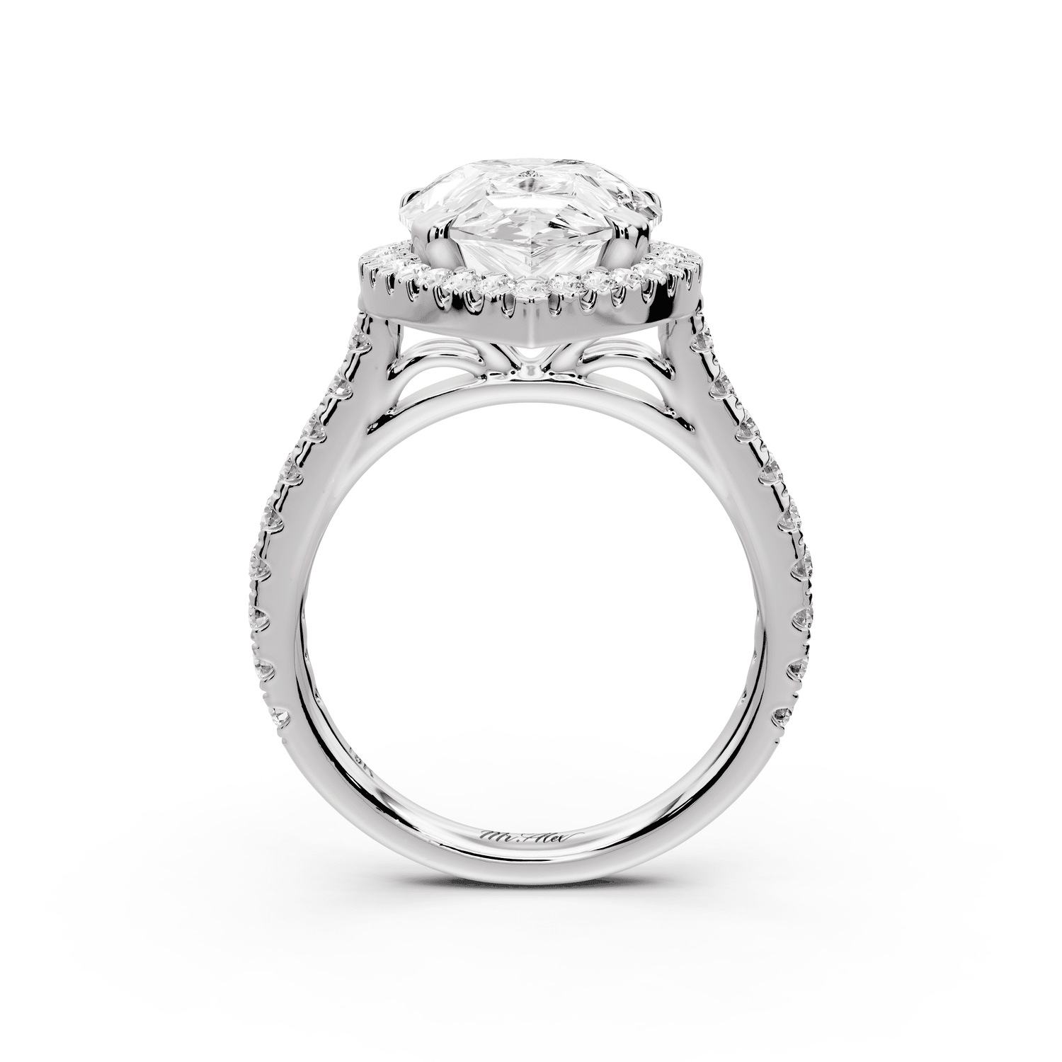 Marcella - 4ct 14k white gold pear halo double talon prong cathedral pavé engagament ring - Mr. Alex Jewelry