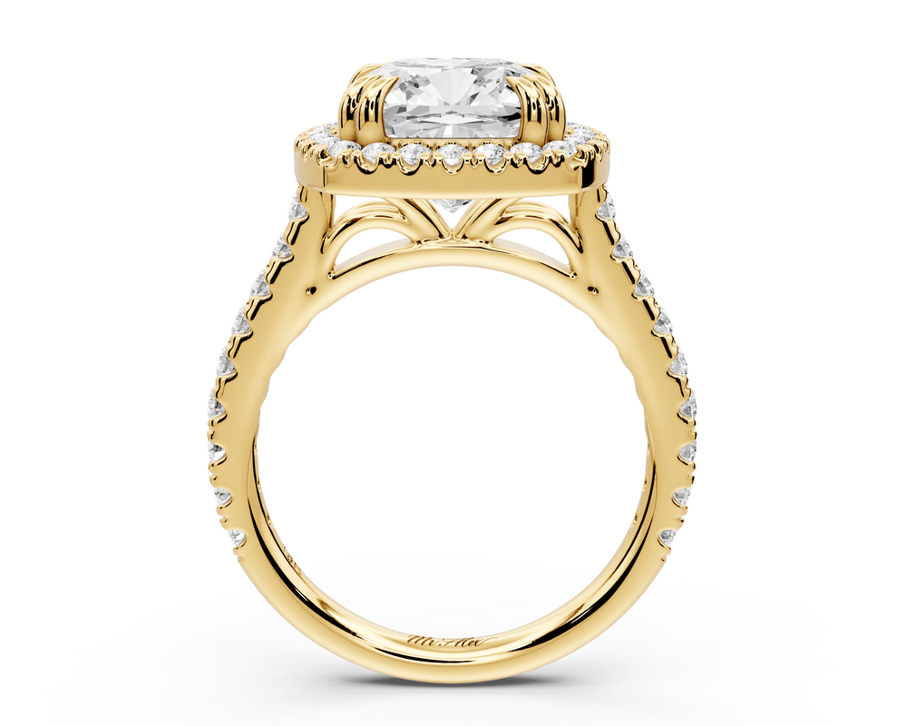 Marcella - 4ct 14k yellow gold cushion halo double talon prong cathedral pavé engagement ring - Mr. Alex Jewelry