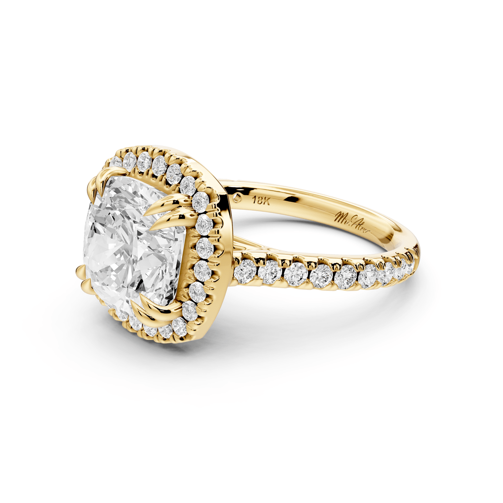 Marcella - 4ct 14k yellow gold cushion halo double talon prong cathedral pavé engagement ring - Mr. Alex Jewelry