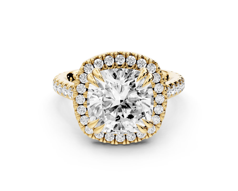 Marcella - 4ct 14k yellow gold cushion halo double talon prong cathedral pavé engagement ring - Mr. Alex Jewelry