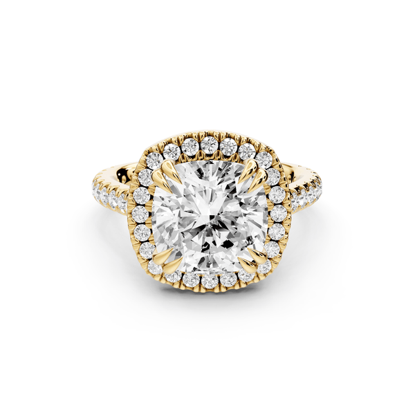 Marcella - 4ct 14k yellow gold cushion halo double talon prong cathedral pavé engagement ring - Mr. Alex Jewelry