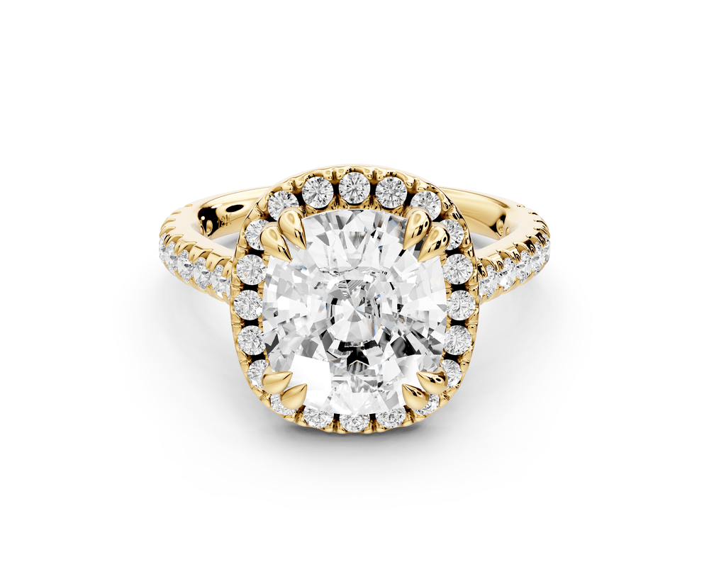Marcella - 4ct 14k yellow gold ecushion halo double talon prong cathedral pavé engagement ring - Mr. Alex Jewelry