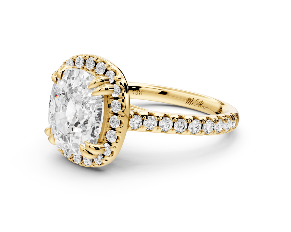 Marcella - 4ct 14k yellow gold ecushion halo double talon prong cathedral pavé engagement ring - Mr. Alex Jewelry