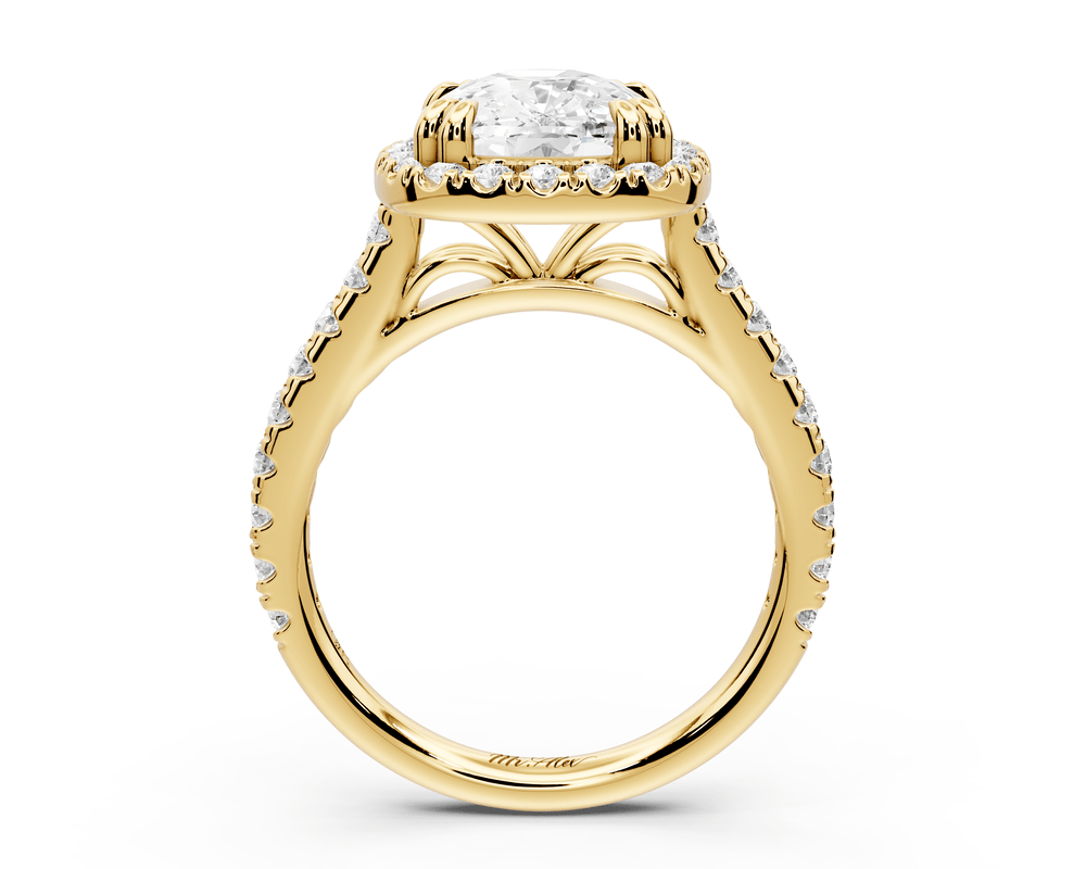 Marcella - 4ct 14k yellow gold ecushion halo double talon prong cathedral pavé engagement ring - Mr. Alex Jewelry