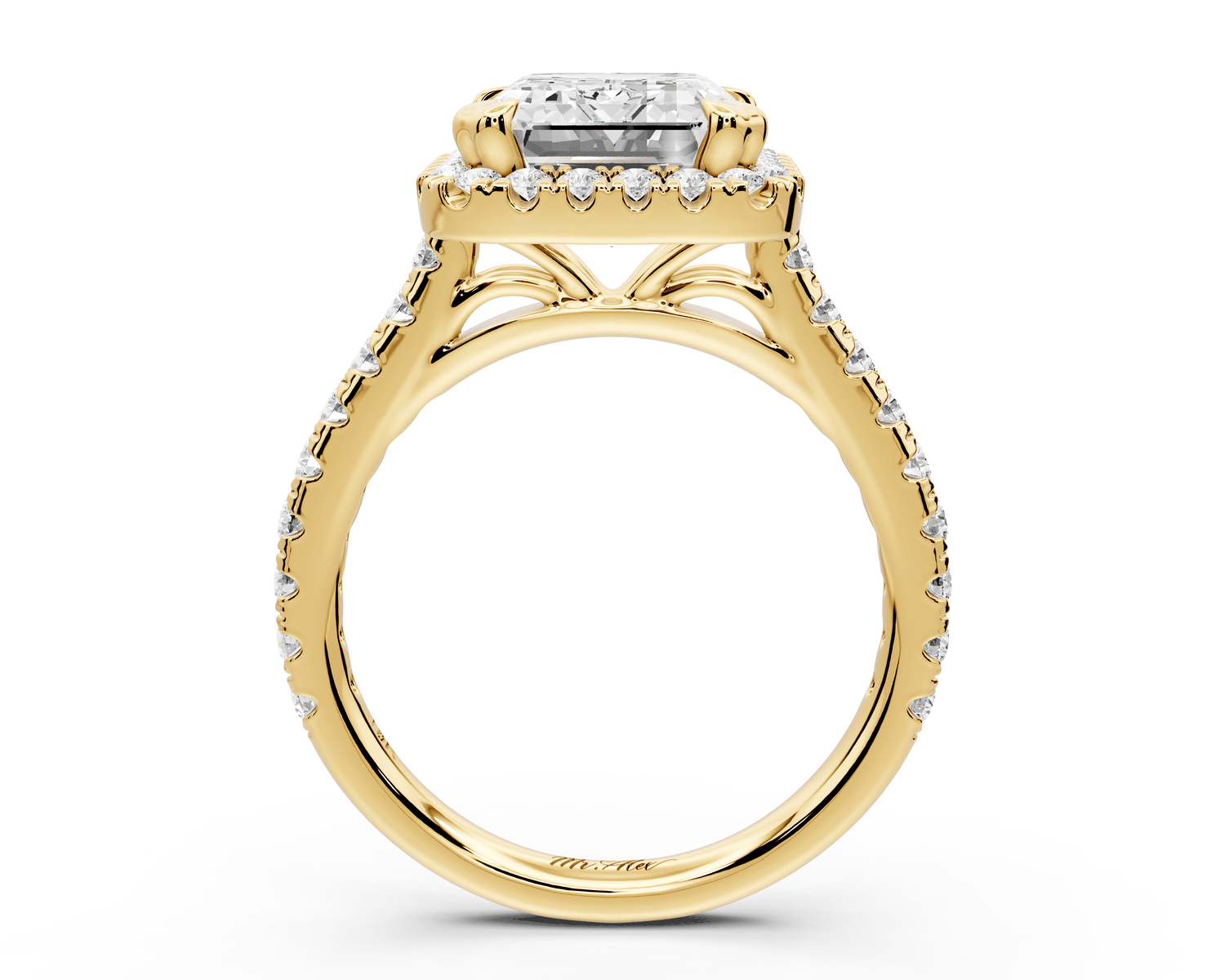 Marcella - 4ct 14k yellow gold emerald halo double talon prong cathedral pavé engagament ring - Mr. Alex Jewelry