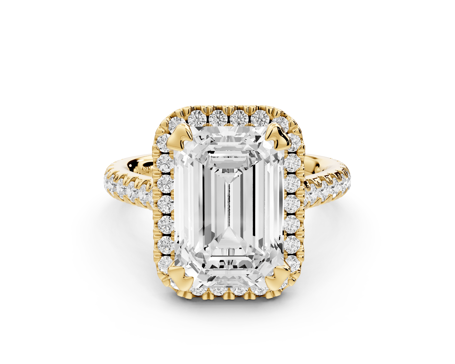 Marcella - 4ct 14k yellow gold emerald halo double talon prong cathedral pavé engagament ring - Mr. Alex Jewelry