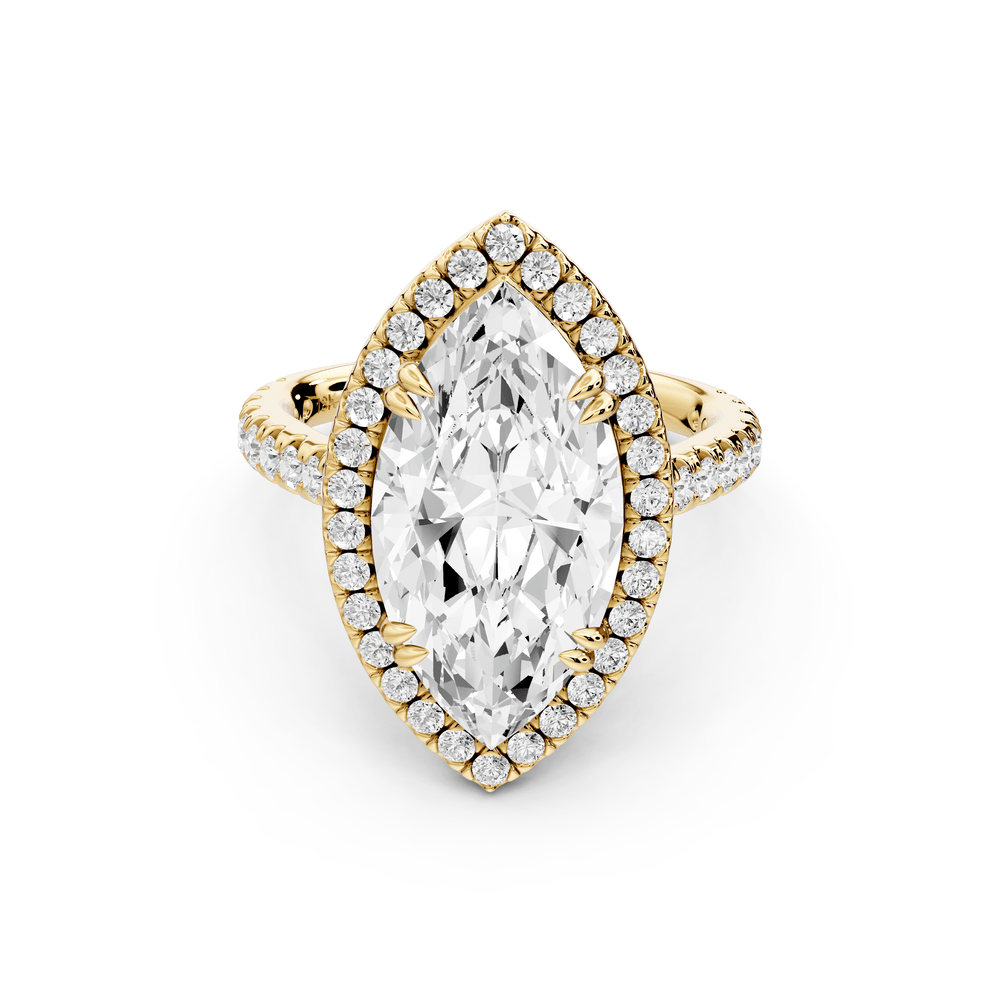 Marcella - 4ct 14k yellow gold marquise halo double talon prong cathedral pavé engagement ring - Mr. Alex Jewelry