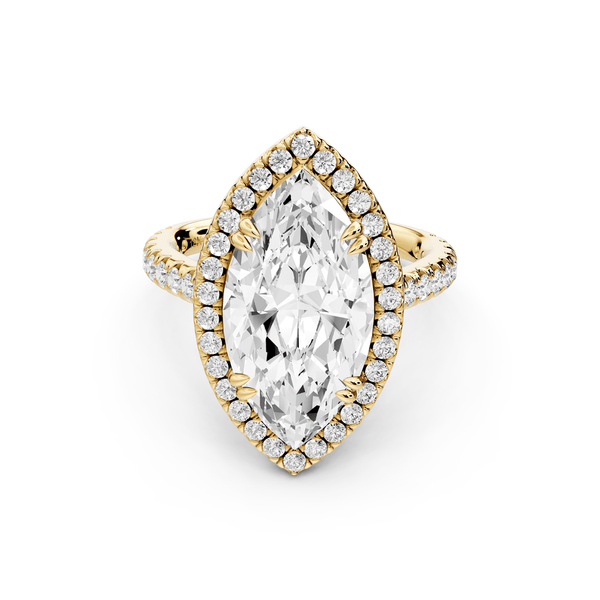 Marcella - 4ct 14k yellow gold marquise halo double talon prong cathedral pavé engagement ring - Mr. Alex Jewelry