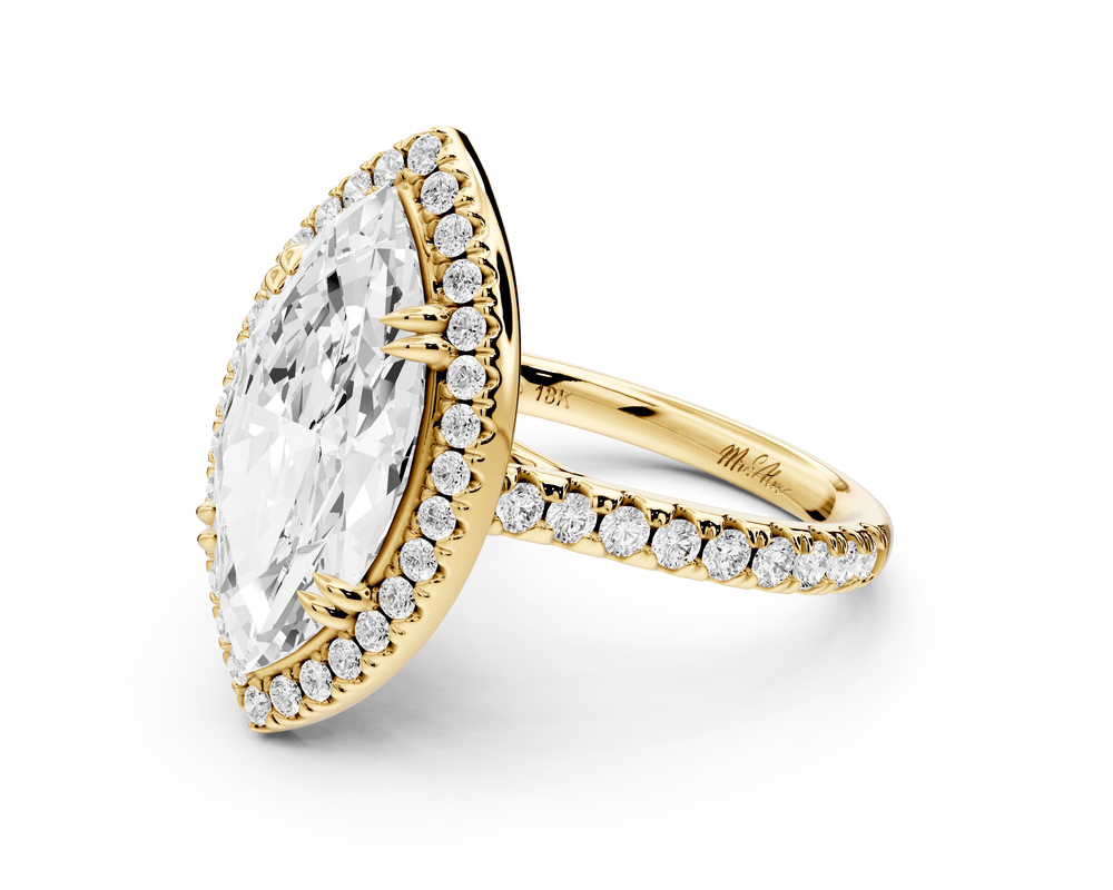 Marcella - 4ct 14k yellow gold marquise halo double talon prong cathedral pavé engagement ring - Mr. Alex Jewelry