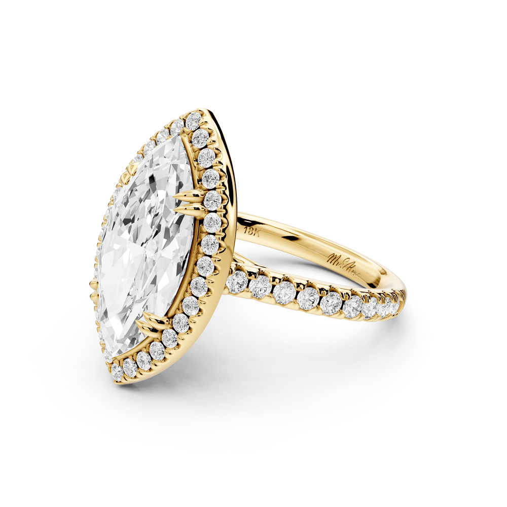 Marcella - 4ct 14k yellow gold marquise halo double talon prong cathedral pavé engagement ring - Mr. Alex Jewelry