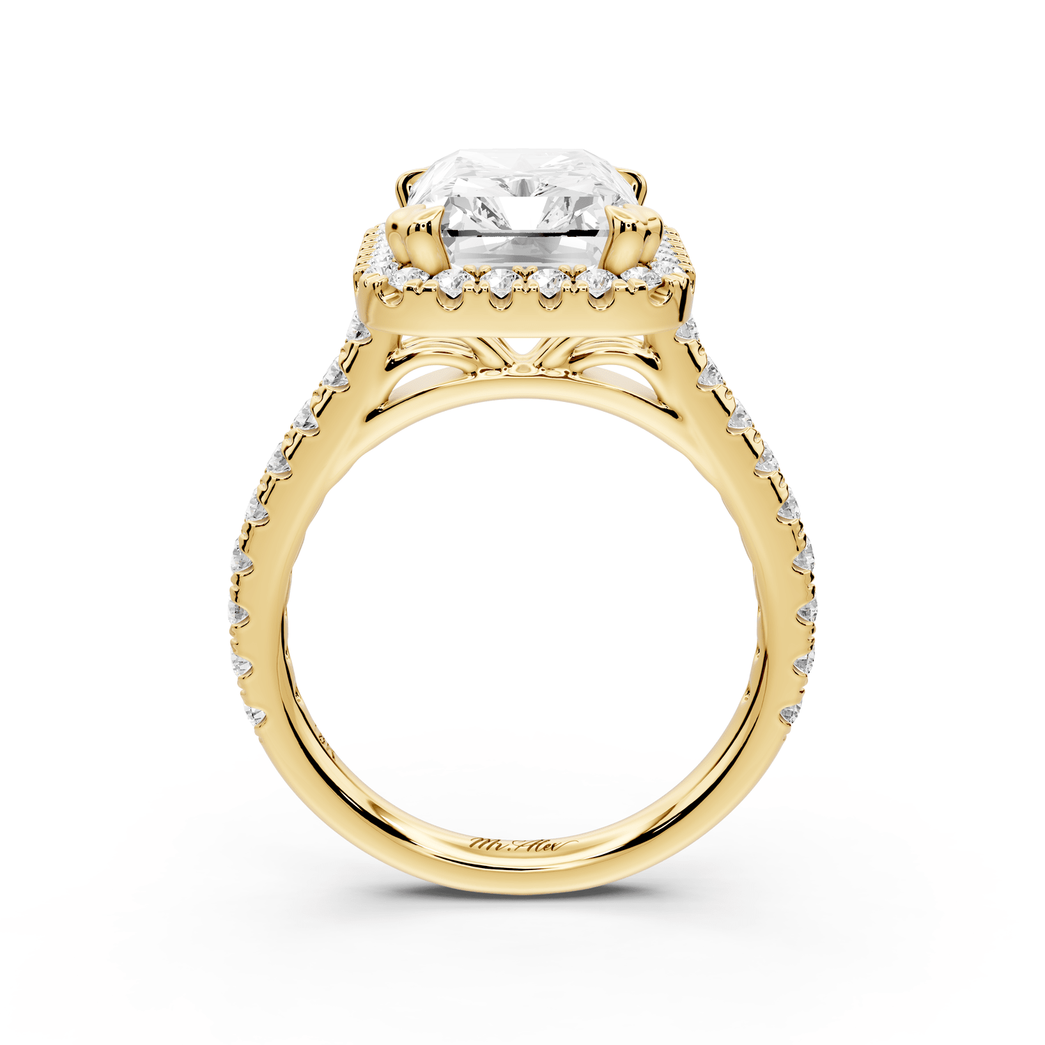 Marcella - 4ct 14k yellow gold radiant halo double talon prong cathedral pavé engagement ring - Mr. Alex Jewelry