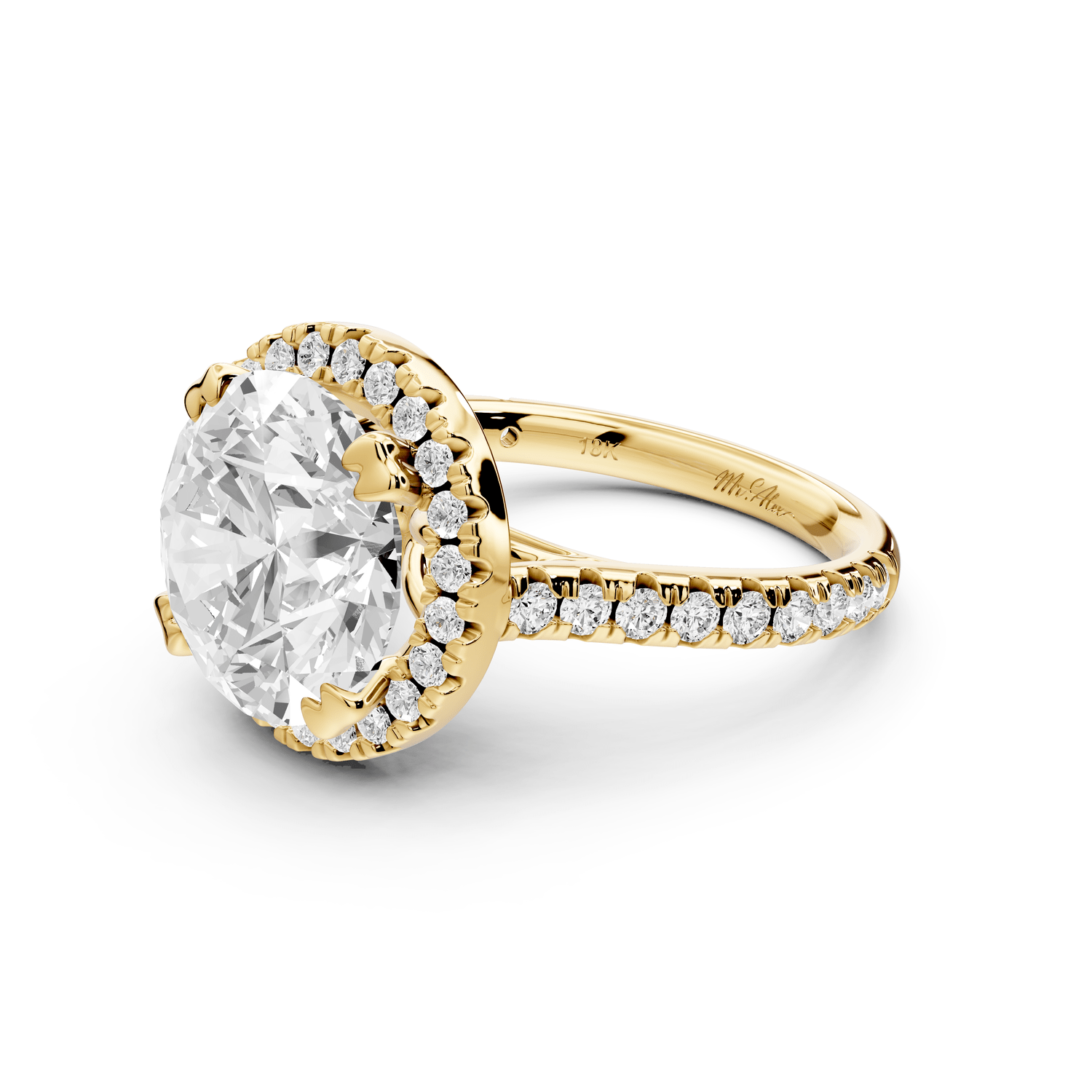 Marcella - 4ct 14k yellow gold round halo double talon prong cathedral pavé engagement ring - Mr. Alex Jewelry