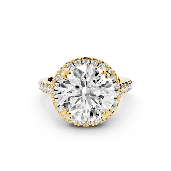 Marcella - 4ct 14k yellow gold round halo double talon prong cathedral pavé engagement ring - Mr. Alex Jewelry