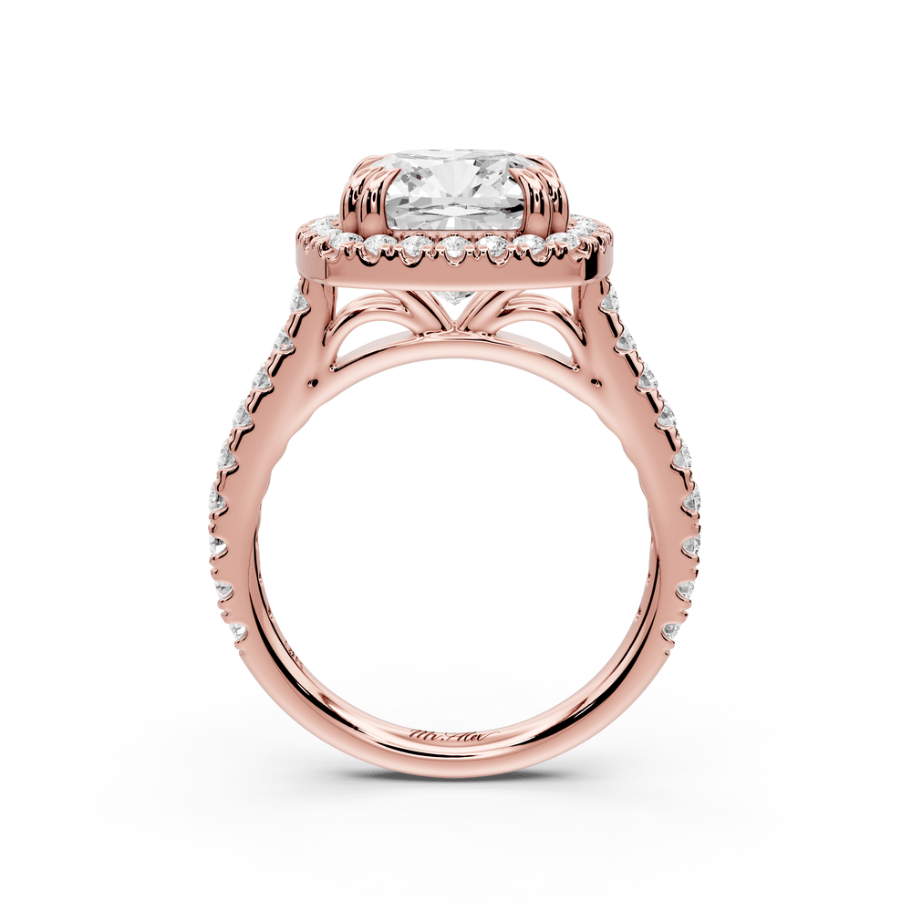 Marcella - 4ct 18k rose gold cushion halo double talon prong cathedral pavé engagement ring - Mr. Alex Jewelry