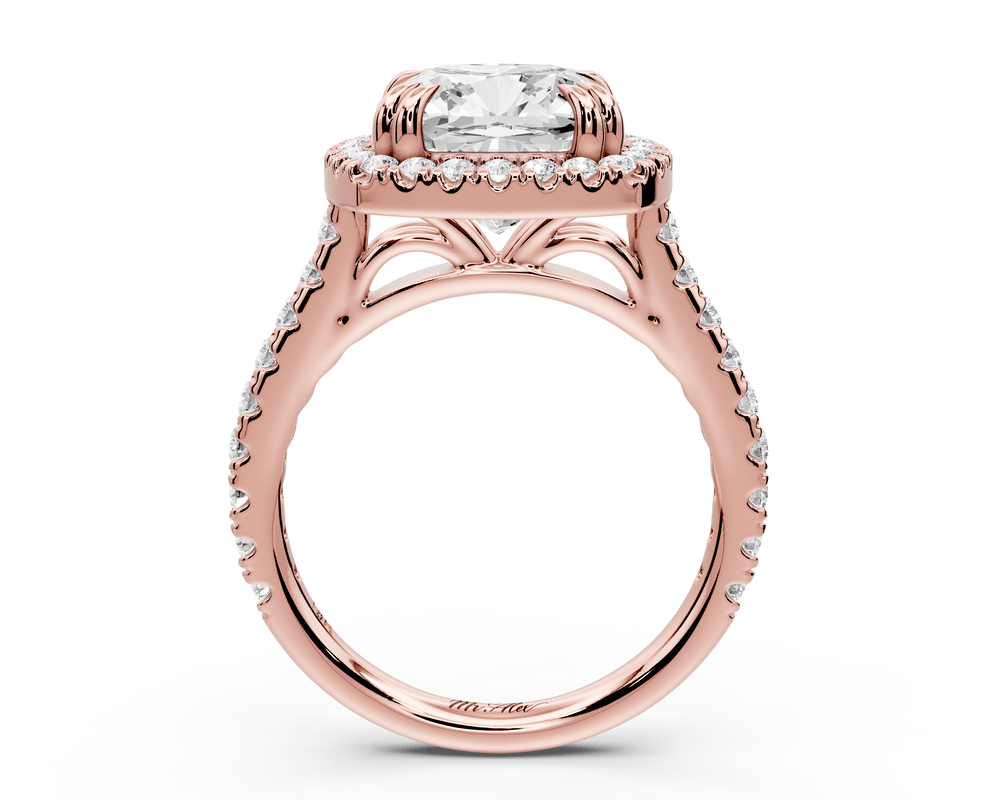 Marcella - 4ct 18k rose gold cushion halo double talon prong cathedral pavé engagement ring - Mr. Alex Jewelry