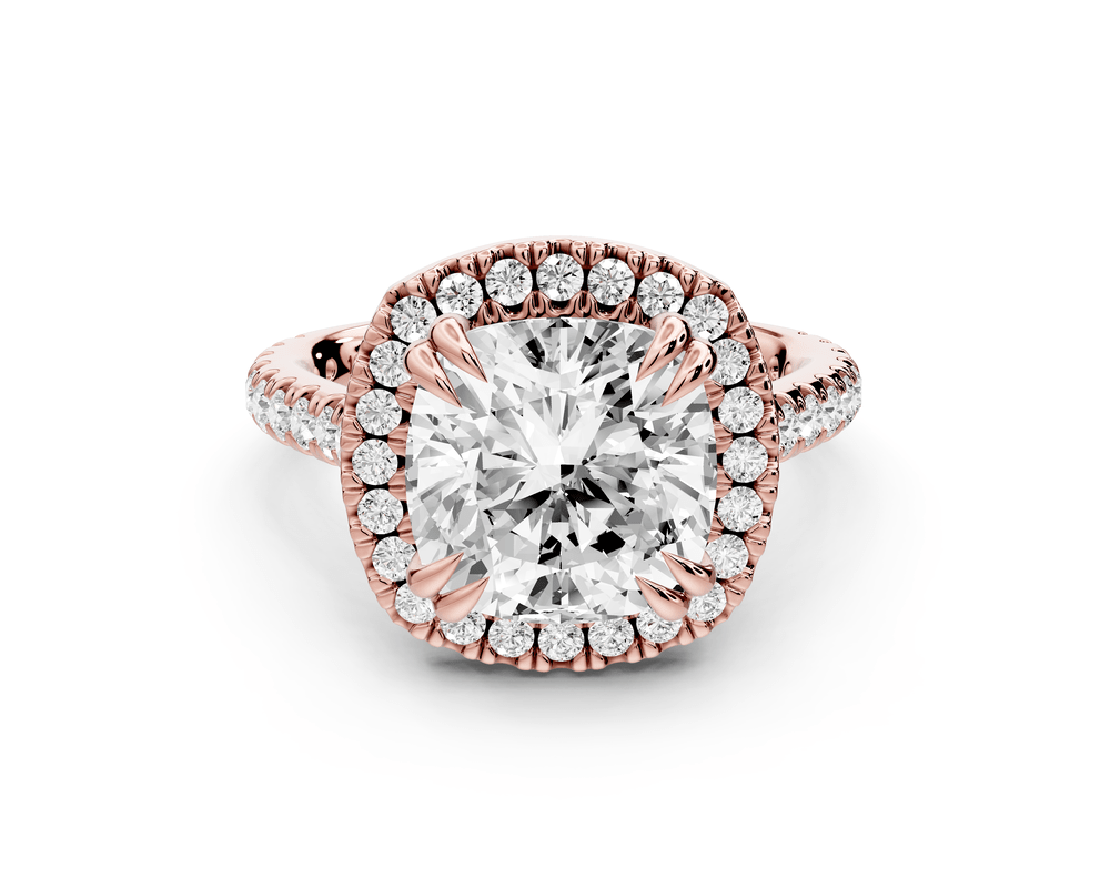 Marcella - 4ct 18k rose gold cushion halo double talon prong cathedral pavé engagement ring - Mr. Alex Jewelry