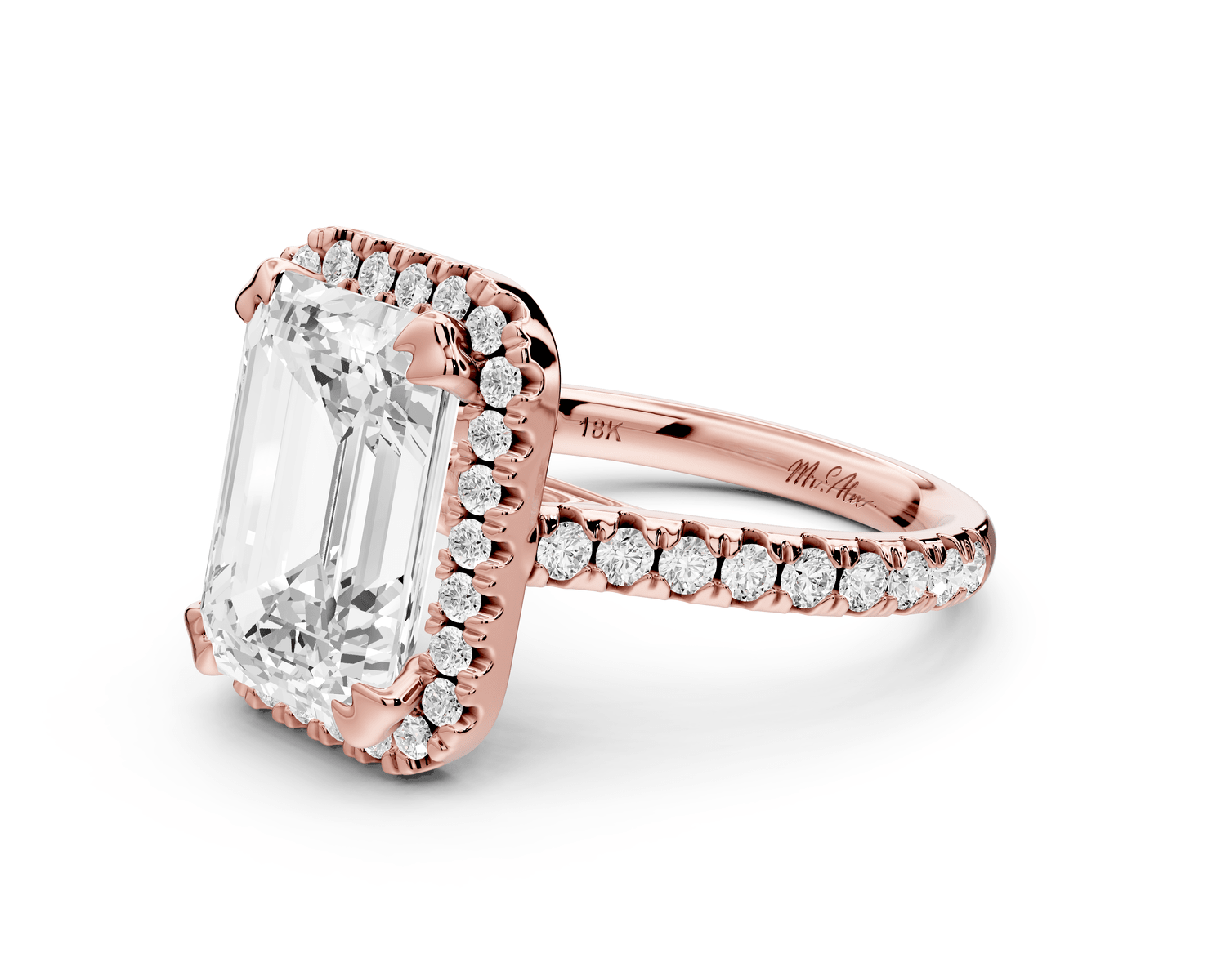 Marcella - 4ct 18k rose gold emerald halo double talon prong cathedral pavé engagament ring - Mr. Alex Jewelry