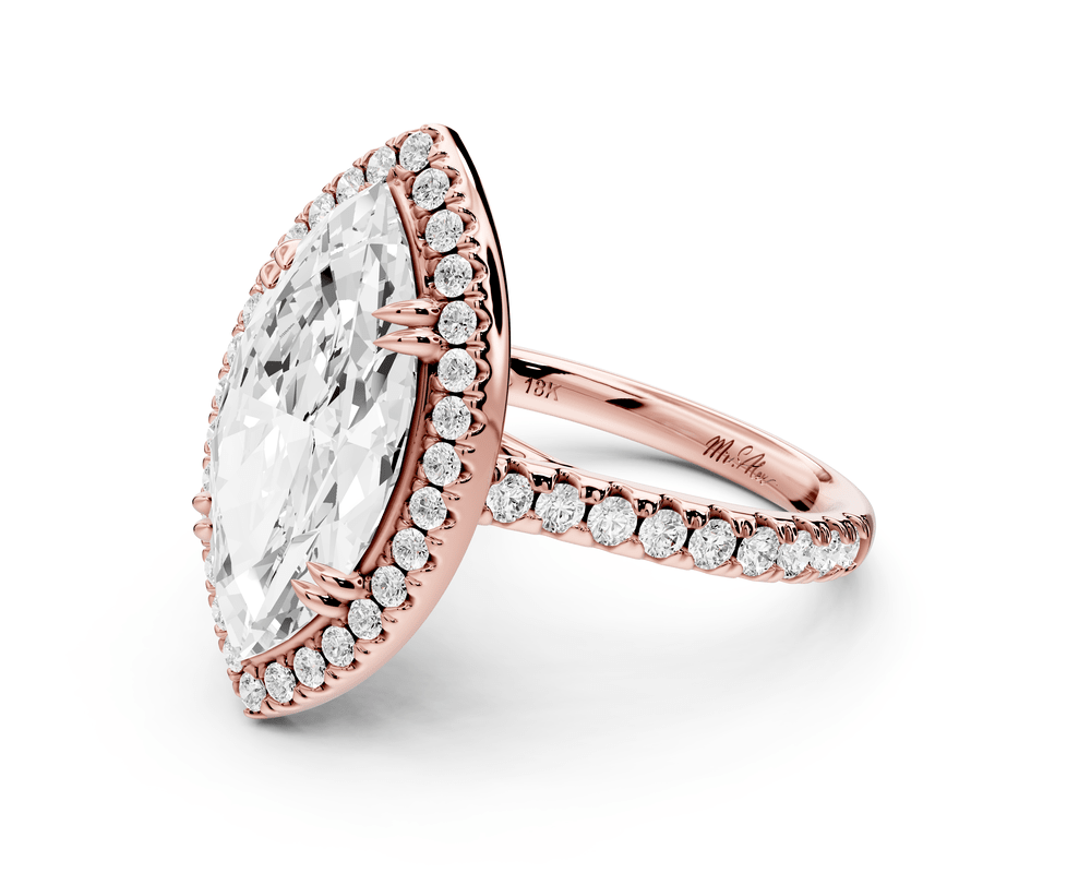 Marcella - 4ct 18k rose gold marquise halo double talon prong cathedral pavé engagement ring - Mr. Alex Jewelry