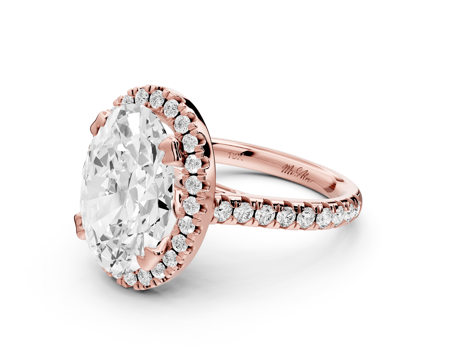 Marcella - 4ct 18k rose gold oval halo double talon prong cathedral pavé engagament ring - Mr. Alex Jewelry