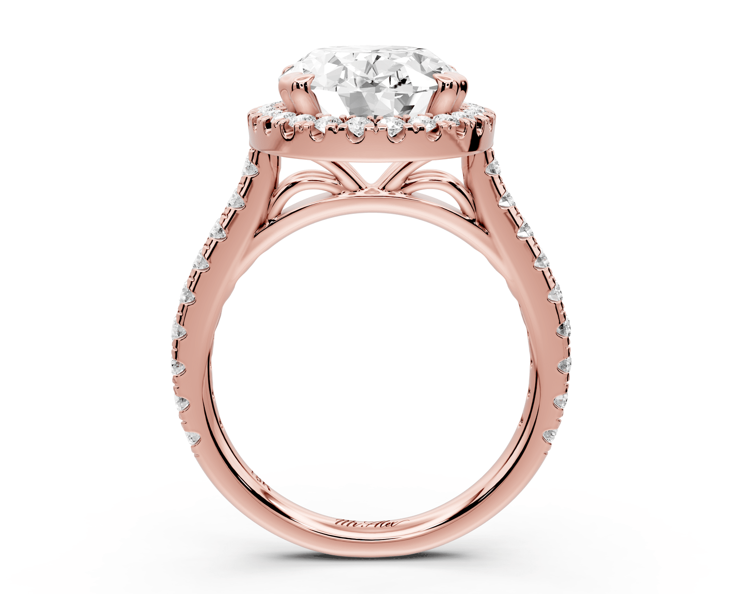 Marcella - 4ct 18k rose gold oval halo double talon prong cathedral pavé engagament ring - Mr. Alex Jewelry