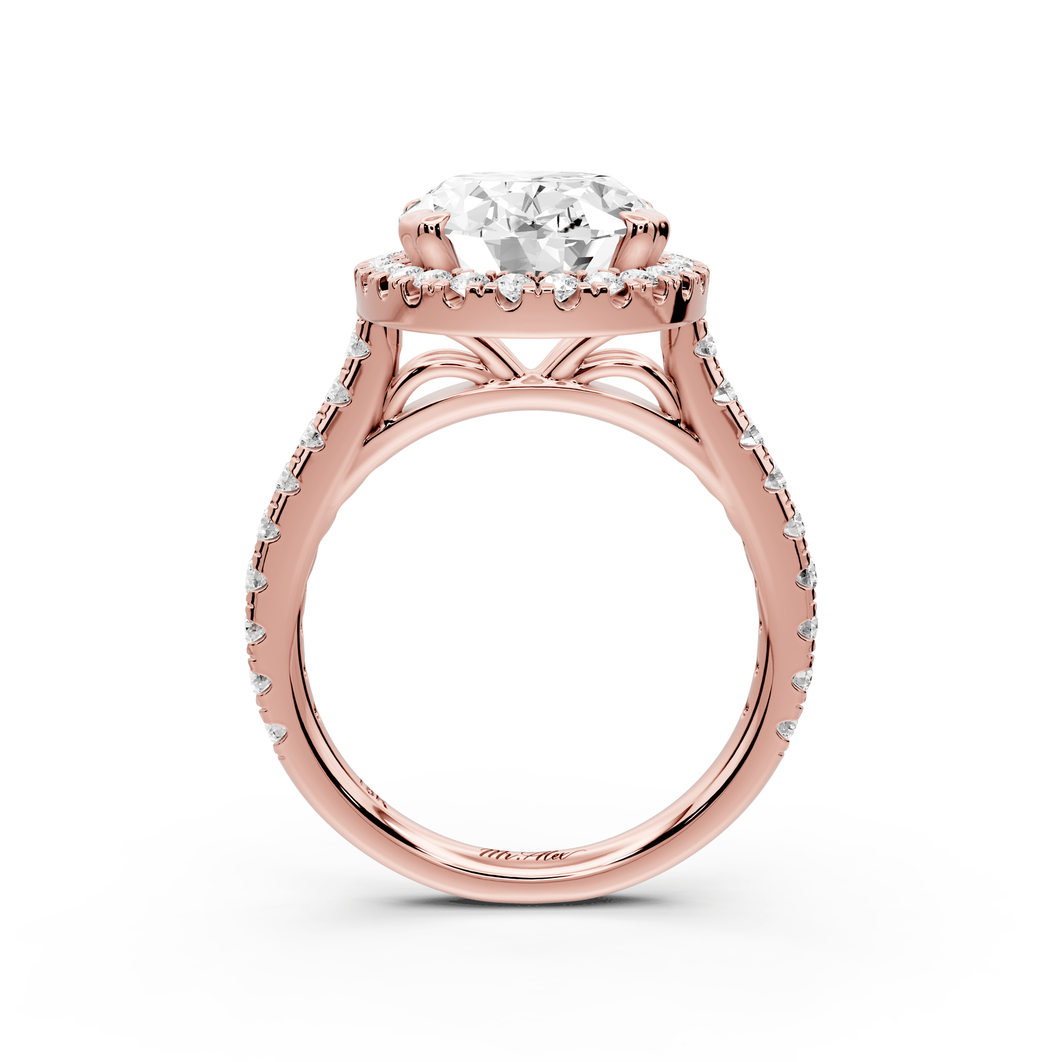 Marcella - 4ct 18k rose gold oval halo double talon prong cathedral pavé engagament ring - Mr. Alex Jewelry