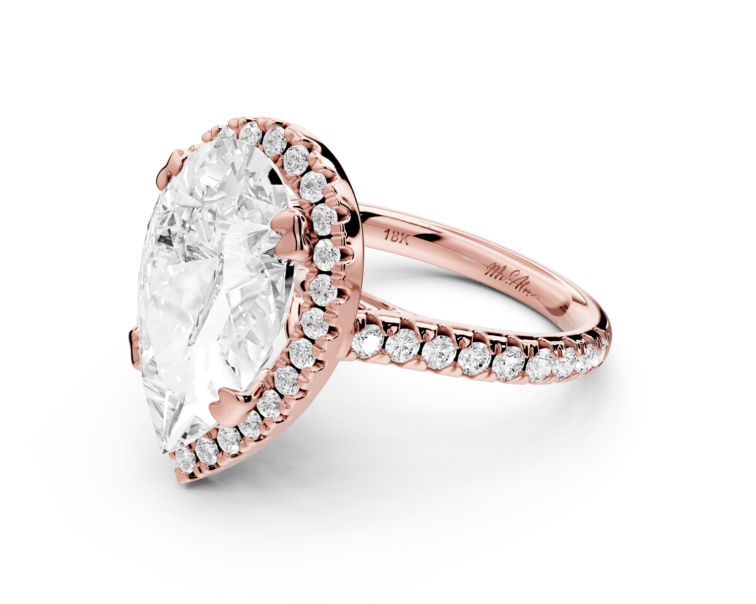 Marcella - 4ct 18k rose gold pear halo double talon prong cathedral pavé engagament ring - Mr. Alex Jewelry
