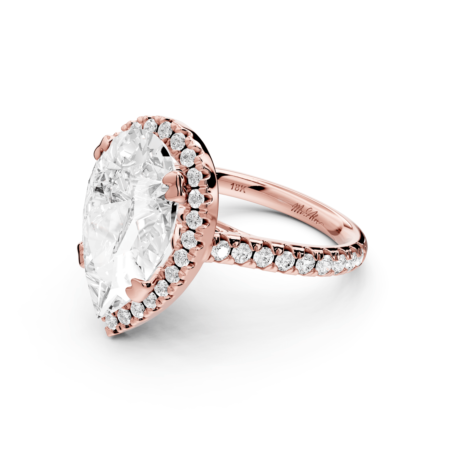Marcella - 4ct 18k rose gold pear halo double talon prong cathedral pavé engagament ring - Mr. Alex Jewelry
