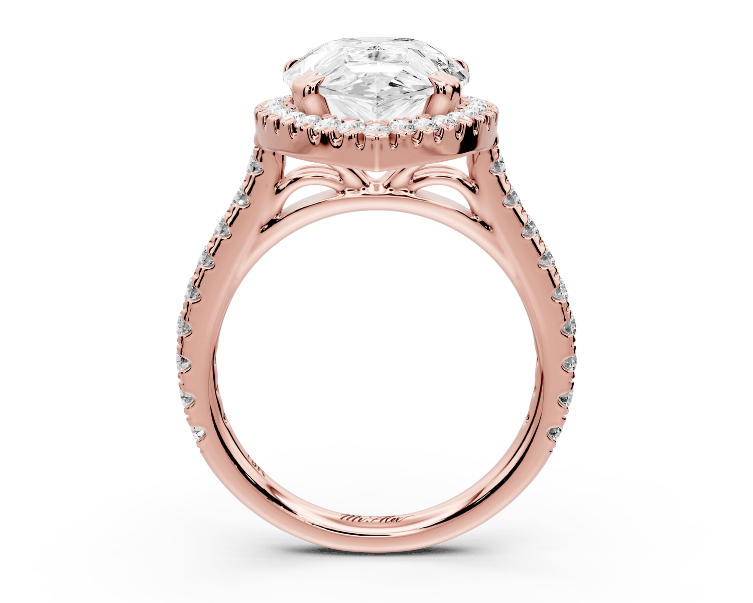 Marcella - 4ct 18k rose gold pear halo double talon prong cathedral pavé engagament ring - Mr. Alex Jewelry