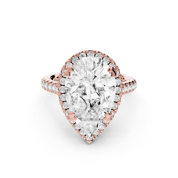 Marcella - 4ct 18k rose gold pear halo double talon prong cathedral pavé engagament ring - Mr. Alex Jewelry