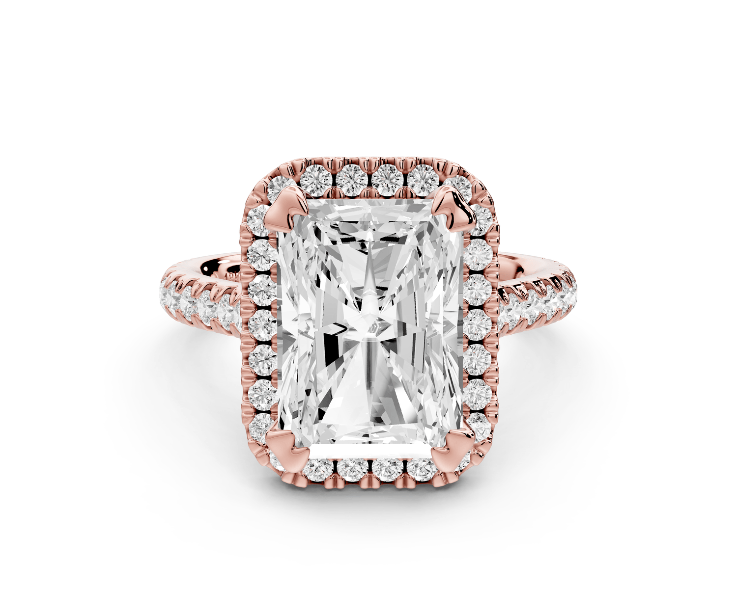Marcella - 4ct 18k rose gold radiant halo double talon prong cathedral pavé engagement ring - Mr. Alex Jewelry