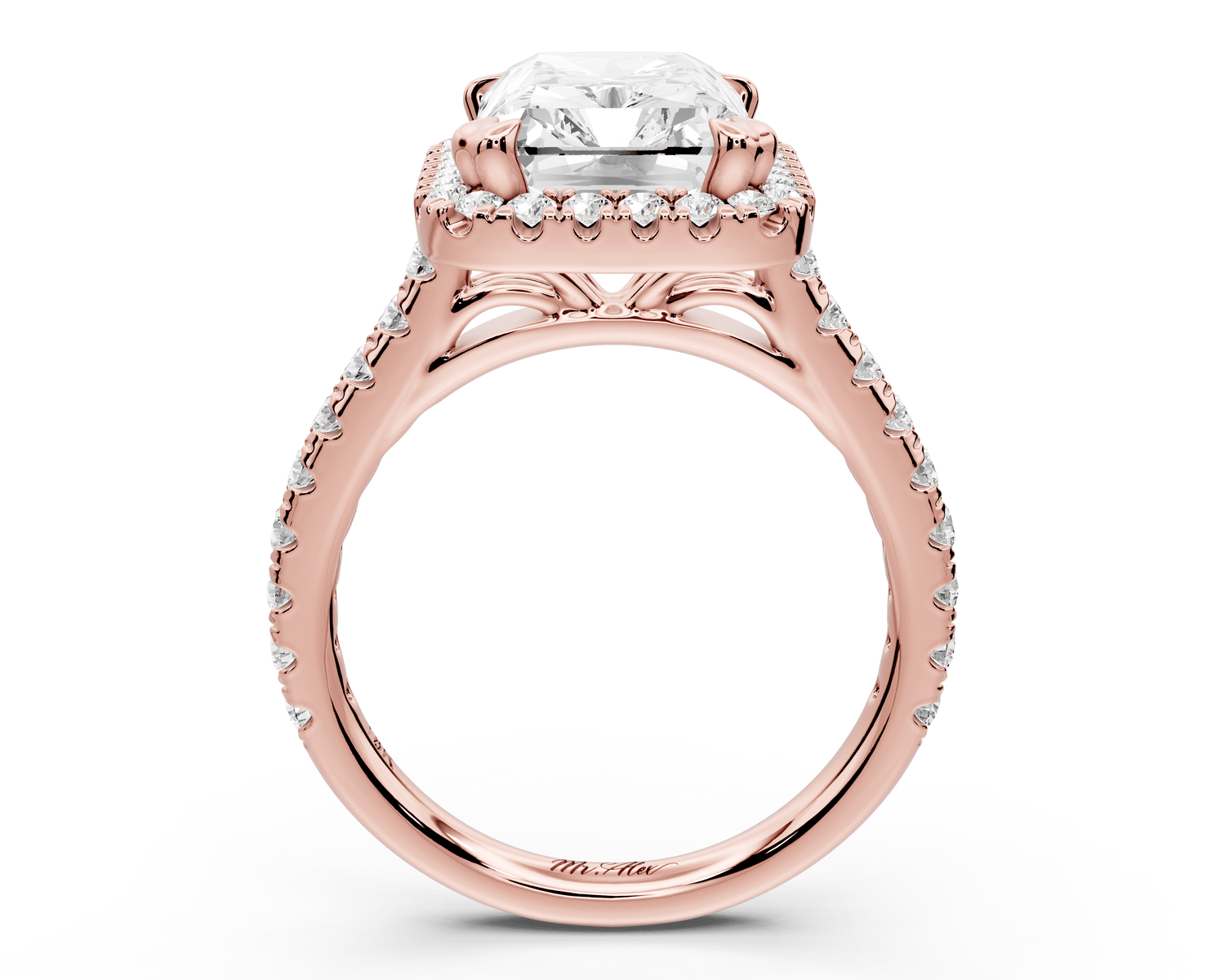 Marcella - 4ct 18k rose gold radiant halo double talon prong cathedral pavé engagement ring - Mr. Alex Jewelry
