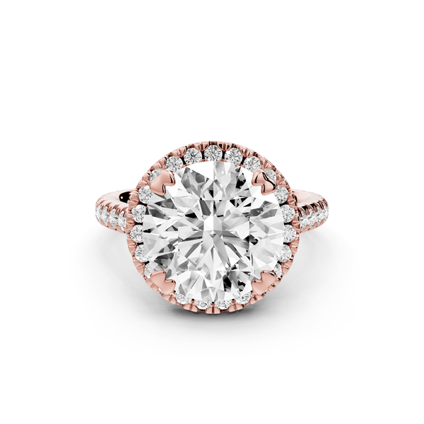 Marcella - 4ct 18k rose gold round halo double talon prong cathedral pavé engagement ring - Mr. Alex Jewelry